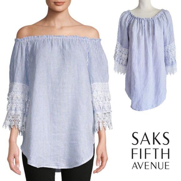 Saks Fifth Avenue 100& Linen Off-or on-Shoulder Blue Striped Lace  Blouse Size M - Picture 1 of 16